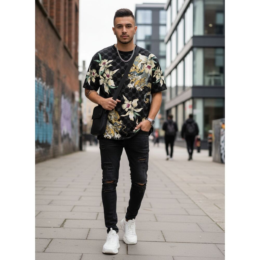 KRISP Designer T-Shirt Black with Golden Dragon & Lily Print